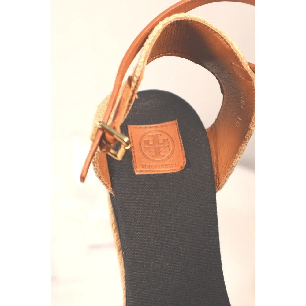 Tory Burch Knotted Bow Espadrille Wedge Sandals Black/Tan Leather Strap Size 10 - Picture 8 of 10